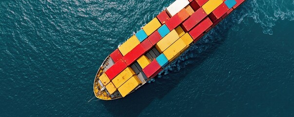 Global Trade Dynamics tariffs concept. A vibrant cargo ship laden with colorful containers glides over deep blue waters, showcasing maritime transportation and global trade.