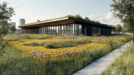 Sticker - Modern building, green roof, wildflowers, pathway.