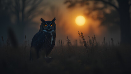 Wall Mural - A Mystical Moonlit Meadow Silhouette of an Owl where the subject is defined by its dark outline against a backdrop of a glowing moonlit meadow