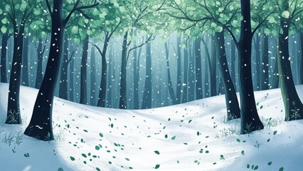 Wall Mural - winter landscape with snow and green leaves in a serene forest