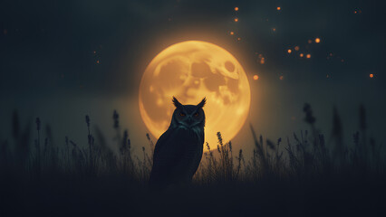 Wall Mural - A Mystical Moonlit Meadow Silhouette of an Owl where the subject is defined by its dark outline against a backdrop of a glowing moonlit meadow