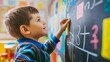 © javier - Boy with cognitive disability working on math problem at chalkboard teacher offering encouragement in bright classroom