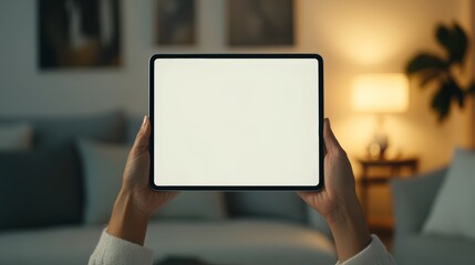 Wall Mural - woman is relaxing on a sofa in a cozy living room in the evening, holding a digital tablet with a bl