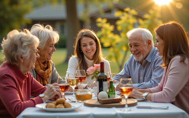 happy family enjoying outdoor meal at sunset, generations gathering together