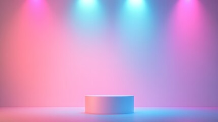 Fototapete - White round podium illuminated by three spotlights, casting vibrant pink and blue hues on the background, creating an ideal setting for product advertising and marketing presentations