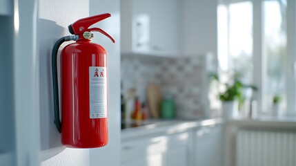 Wall Mural - A red fire extinguisher mounted on a wall in a bright kitchen setting.