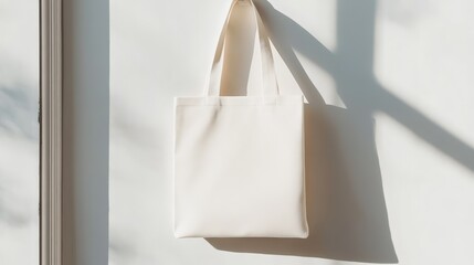 Fototapete - White tote bag mockup hanging against a white wall, illuminated by soft window light casting gentle shadows, ideal for displaying unique designs or impactful branding