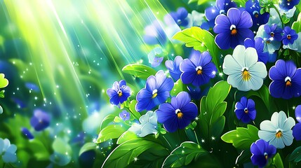 Wall Mural - Illustration of blue pansies blooming in summer garden under setting sun, perfect for spring banner with copy space.