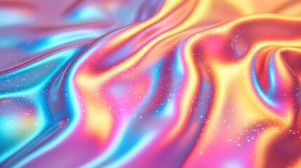 Wall Mural - Holographic Iridescent Texture: Colorful Abstract Background, Vibrant Shiny Glossy Wave Pattern for Digital Design and Wallpaper