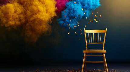 Wall Mural - golden chair stands against vibrant backdrop of colorful smoke and confetti, creating festive atmosphere. scene evokes celebration and joy