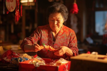 Elderly East Asian woman prepares festive decorations for upcoming holiday celebration