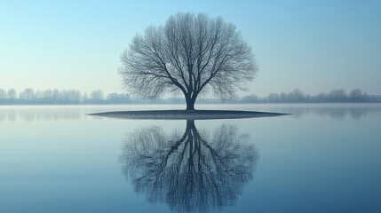 Wall Mural - Serene tree silhouetted against foggy morning lake at dawn