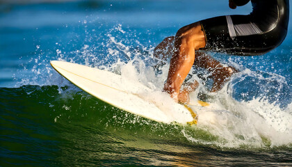 Dynamic action shot of a surfer carving a wave, showcasing powerful legs and splashing water.