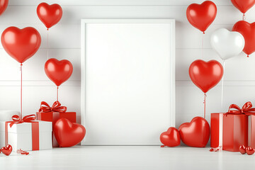 Wall Mural - Beautifully decorated Valentine's Day, framed poster blank, storefront with heart-shaped balloons, red ribbons and glowing lights, romantic atmosphere, mockup