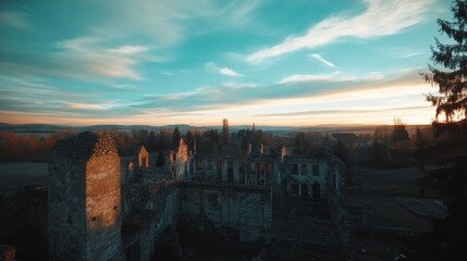 Ruins of an old abandoned 19th-century manor house with crumbling walls and overgrown vegetation. Historic decayed architecture representing neglect, history, and mystery in a rural landscape