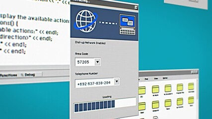 Poster - Nostalgic Process of Connecting to the Internet via Dial-up Modem on a Computer. Retro Interface Elements and Loading Animations on Screen. Tech Journey to the Early Days of Online Connectivity