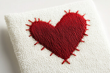 Wall Mural - White fabric with a red heart-shaped patch sewn onto it, with visible stitching details around the edges of the heart, minimalist design, on a clean and light background, photorealistic and highly det