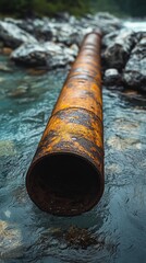 Sticker - Rusty pipe stretches across tranquil water in a lush forest setting during early morning light