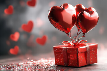 Wall Mural - Red gift box with heart-shaped balloons tied to it, confetti all around, valentine's day