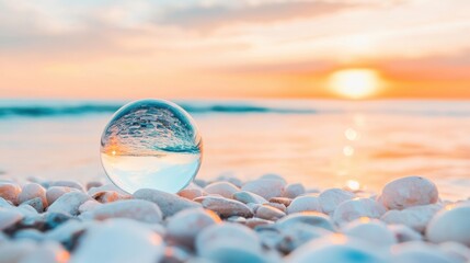 Wall Mural - a crystal ball reflects vibrant stones on a serene beach as the sun sets, casting warm colors across
