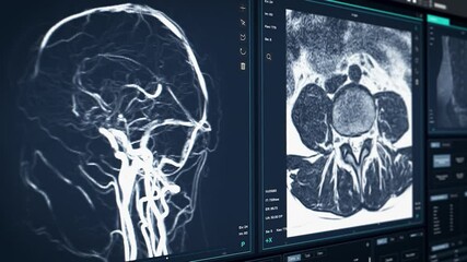 Aufkleber - MRI Brain Scans on Multiple Windows with Data on Computer Display. Medical Research Environment Software User Interface with Animated Magnetic Resonance Imaging Results of a Patient Brain