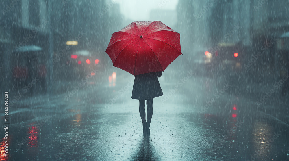 Person Being Rained On A person standing in a rain-soaked street, holding a bright red ...