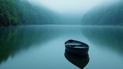 Wall Mural - Calm waters reflect a solitary boat at sunset near a serene lake