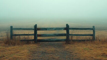 Wall Mural - Foggy morning at a rustic wooden gate in a quiet meadow landscape