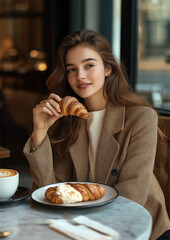 young woman eating croissant and drinking coffee at cafe table