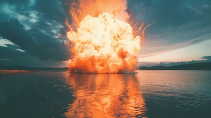 Wall Mural - a massive explosion erupts over the water, creating a striking contrast against the colorful sunset 