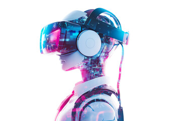 a futuristic humanoid robot wearing a virtual reality headset, showcasing advanced technology and di