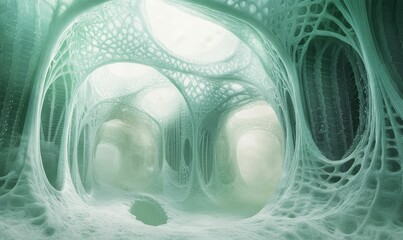 Abstract green cavern, intricate organic structure.