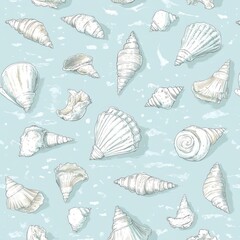 A seamless pattern featuring hand-drawn vintage seashells. An illustration of a tropical summer background. A retro print of marine nature. A wallpaper texture with shell animals