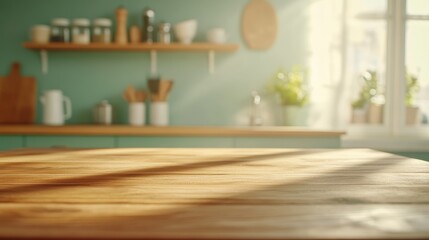Aufkleber - Sunlight streaming through a kitchen window, illuminating an empty wooden table. Creating an ideal setting for product placement or showcasing culinary masterpieces in a warm, inviting atmosphere