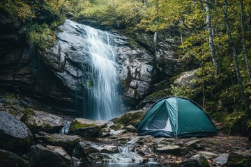 serene forest waterfall with tent in tranquil natural setting