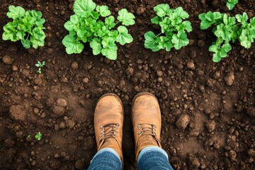 Gardener's perspective: brown boots and green plants in fresh soil