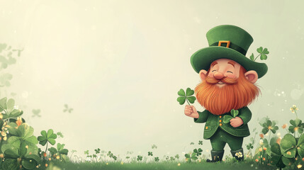 leprechaun in green outfit, top hat, holding clover on white background, symbol of st patrick's day