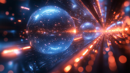 Wall Mural - a rhythmic arrangement of glowing spheres with bright highlights reflected in a deep blue space.