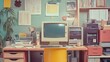 © Miriam - Retro workplace, study, retro computer, desk, photo of old computer, faded, vintage, old technology, the first computers, 1980s, 1990s, busy desk, messy, cluttered, workspace, office, home office