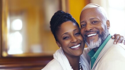 Wall Mural - A man and a woman are smiling at the camera. The man is wearing a green shirt and the woman is wearing a white shirt. They are both wearing ties