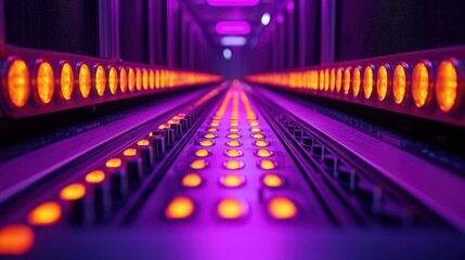 Fototapete - Illuminated crossfader slider in a vibrant sound studio close-up view electronic music environment focused perspective