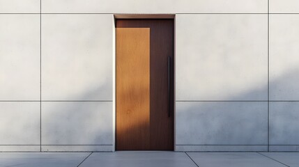 Wall Mural - A minimalistic wooden door with sleek metal details on a plain white wall.