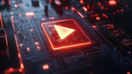 Fototapete - Illuminated play button action on a futuristic digital standard close-up view technology environment macro photography concept