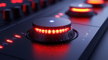 Aufkleber - Futuristic glowing play button macro shot on d standard mixer digital music studio close-up high-tech environment dynamic concept
