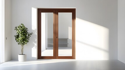 Wall Mural - A door with two glass panels, framed with wood, in a bright white room.