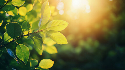 Wall Mural - Bright green leaves illuminated by sunlight in a lush natural forest setting