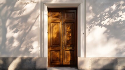 Wall Mural - A classic wooden door with a golden handle, surrounded by a pristine white wall, with sunlight streaming through a nearby window.