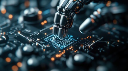 Poster - Advanced Robot Hand Interacting with High-Tech Circuit Board, Showcasing Innovation and Technology in Modern Electronics and Automation