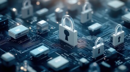 Poster - Abstract representation of digital security with padlocks on a circuit board, symbolizing data protection and cybersecurity in a modern technological landscape