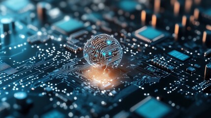 Poster - Illuminated Circuit Board with Digital Globe Representing Global Connectivity and Technological Advancement in a High-Tech Environment